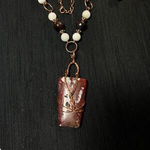 Red Jasper 2" rectangle cabochon Red Brown White 20" copper wire necklace
